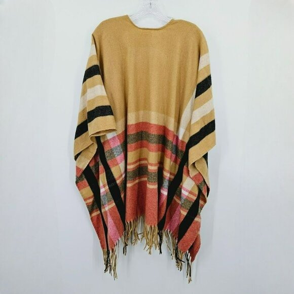 Woolrich Justine Plaid Shawl Poncho Wrap One Size Tan Red Black Fringe Trim Boho - Picture 7 of 8